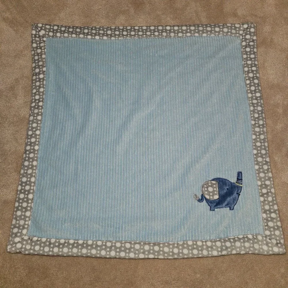 Chick Pea Ribbed Blue Elephant Fleece Baby Blanket Gray White Polka Dot Trim